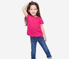 Girl wearing Primary Short Sleeve Slim Tee in Fuchsia - 3 Pack - Fuchsia Mix. Available at www.tenlittle.com