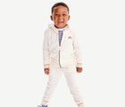 Boy wearing Primary - Striped Jogger - Oat - Available at www.tenlittle.com