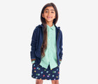 Girl wearing Primary - Striped Zip Hoodie - Navy - Available at www.tenlittle.com