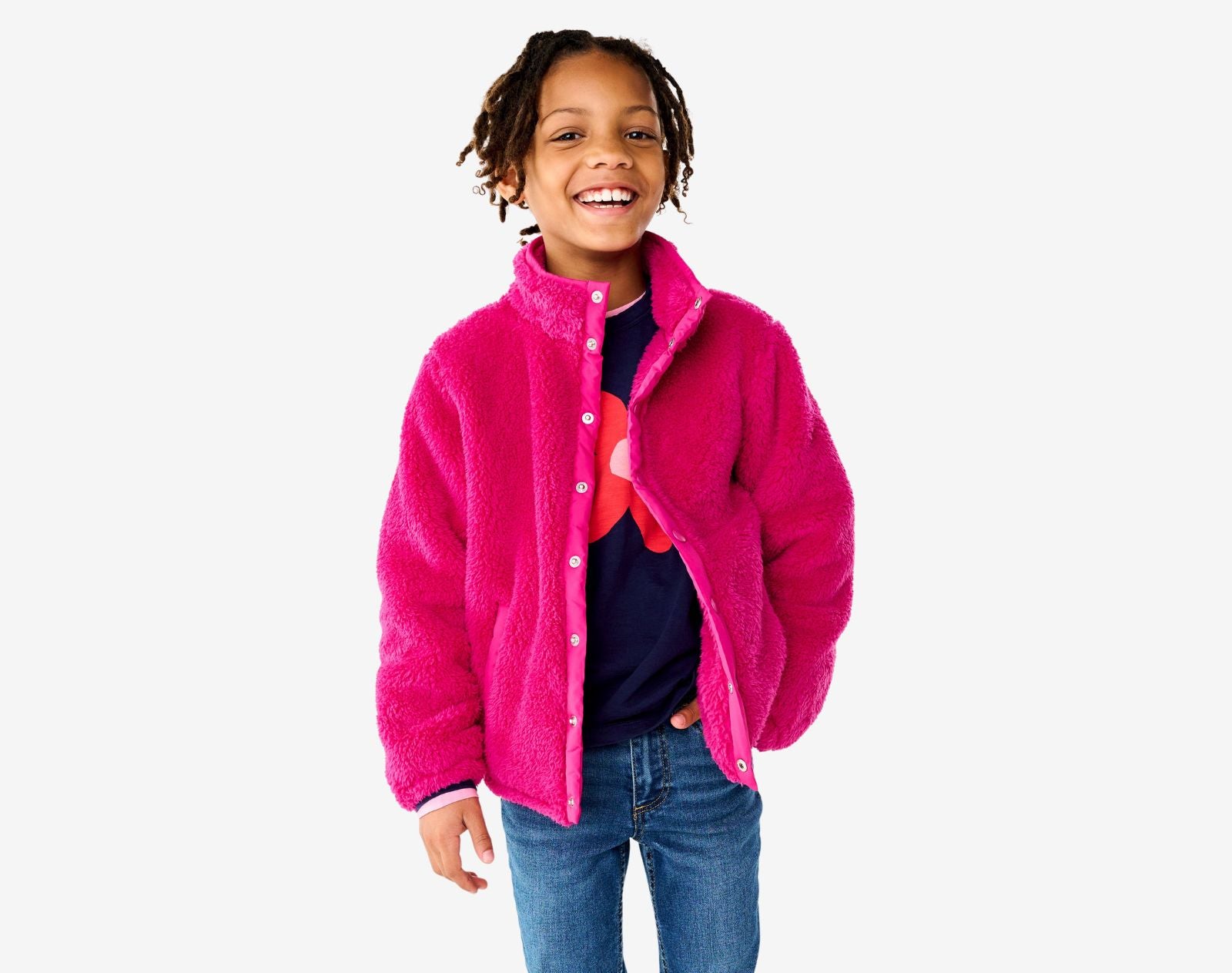 Child wearing Primary - Teddy Fleece Jacket - Raspberry - Available at www.tenlittle.com