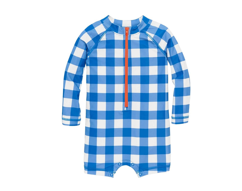 Primary Baby One-Piece Rash Guard in Blueberry Gingham. Available from www.tenlittle.com 