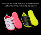 Top and bottom outsole traction view of Ten Little Everyday Original - Neon Glow featuring glow-in-the-dark, non-skid, rubber outsoles crafted from the milk of the Hevea tree - Neon Pink, Neon Yellow. Available at www.tenlittle.com