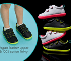 Split view of shoes stacked and child wearing Ten Little Everyday Original - Neon Glow featuring a vegan leather upper and 100% cotton lining - Neon Pink, Neon Yellow. Available at www.tenlittle.com
