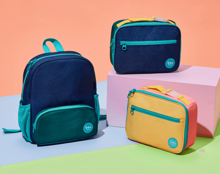 Ten Little Insulated Recycled Lunch Box next to Ten Little Recycled Backpack - Assorted Colors. Available at www.tenlittle.com