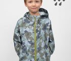 Boy wearing Therm Eco Weatherproof Packable Rainshell - Camo/ Waterproof and windproof. Available at www.tenlittle.com