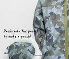 Packs into the pocket to make a pouch -Therm Eco Weatherproof Packable Rainshell - Camo. Available at www.tenlittle.com