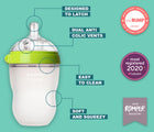 Comotomo 8oz baby bottle with features. Available from www.tenlittle.com