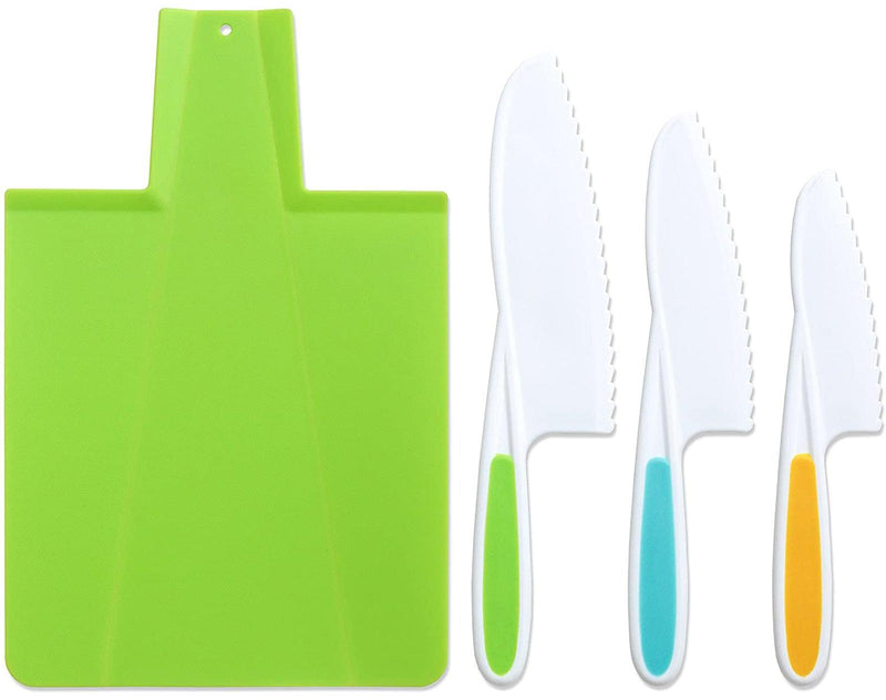 TOVLA JR. Kids Kitchen Montessori Knives and Foldable Cutting Board Set:  Children's Safety Cooking Knives in 3 Sizes & Colors/Firm Grip, Serrated