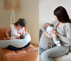 One view of mother nursing child with Béaba Pregnancy & Nursing Pillow and another view holding baby in arms with Béaba Pregnancy & Nursing Pillow. Available from tenlittle.com