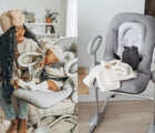 One view of baby in Béaba Up & Down Height Adjustable Baby Rocker with adult next to it, and one view of empty Béaba Up & Down Height Adjustable Baby Rocker. Available from tenlittle.com