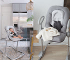 One view of baby in Béaba Up & Down Height Adjustable Baby Rocker, and one view of empty Béaba Up & Down Height Adjustable Baby Rocker. Available from tenlittle.com