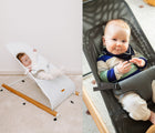 One view of child in Béaba Evolux Bouncer in 3D Mesh in white, and another view of Béaba Evolux Bouncer in 3D Mesh in anthracite. Available from tenlittle.com