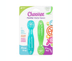 ChooMee Learning Utensil - Set of 2 in green & aqua inside of packaging. Available from tenlittle.com