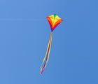 HQ Kites Rainbow Diamond Kite flying in blue sky. Available from tenlittle.com
