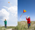 Two views of children flying HQ Kites Rainbow Diamond Kite. Available from tenlittle.com