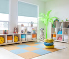 Nico & Yeye Storage Unit - 6 Cubbies in a playroom near a window, next to Nico & Yeye Bench Storage Unit with 3 cubbies, plus next to Nico & Yeye 9 cubbies storage unit on neighboring wall. Available from tenlittle.com