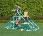 Three children playing on Eezy Peezy Pyramid Climber outside in a yard. Available from tenlittle.com