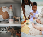 Different views of Mushie Stacking Cups. Available from tenlittle.com