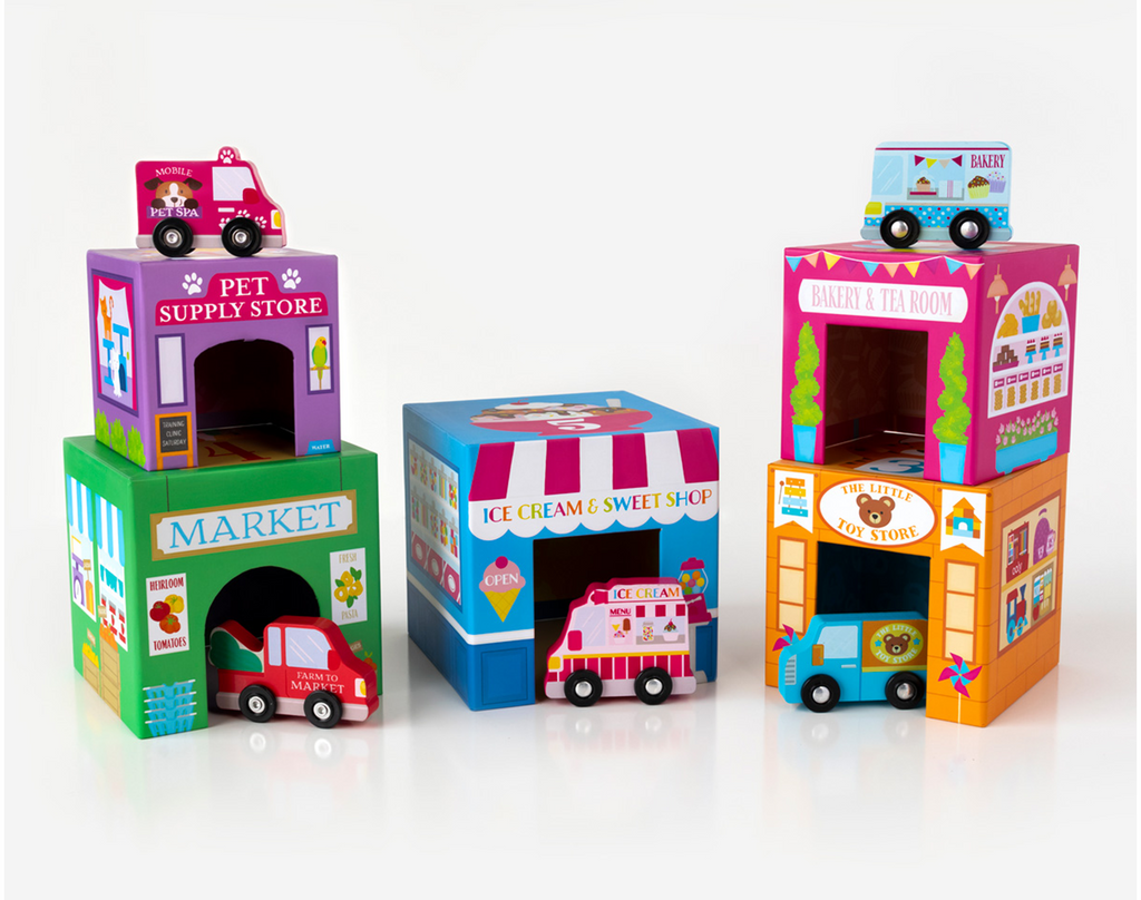 Ooly Stackable Toy & Car Set - Rainbow Town | Ten Little Kids’ Toys