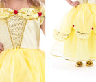 Two views of child wearing Little Adventures Deluxe Yellow Beauty Costume. Available from tenlittle.com