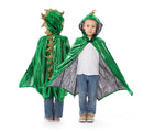 Child wearing Little Adventures Dragon Cloak costume front and back. Available from tenlittle.com
