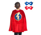 Child wearing Little Adventures Hero Cape and Mask costume and front and back view of reversible matching mask. Available from tenlittle.com