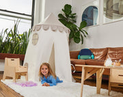 Child playing Domestic Objects Tower Tent in Greige. Available from tenlittle.com