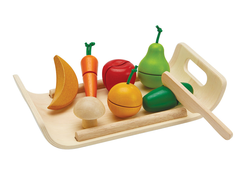 PlanToys Assorted Fruit & Vegetable Pretend Cutting Set. Available from tenlittle.com