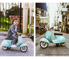 One image of child playing with Ambosstoys PRIMO Ride On Toy in mint and another image of Ambosstoys PRIMO Ride On Toy in mint on a street. Available from tenlittle.com. Available from tenlittle.com