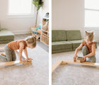 Two views of girl playing and touching Piccalio Wooden Balance Beam. Available from tenlittle.com