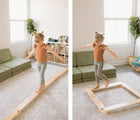 Two views of girl walking on Piccalio Wooden Balance Beam next to couch and near the window. Available from tenlittle.com